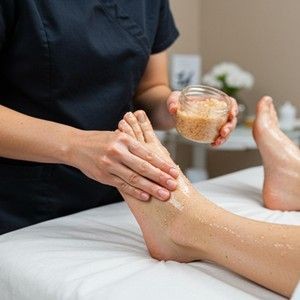 Massage Therapist applying a body scrub to the feet of the client.